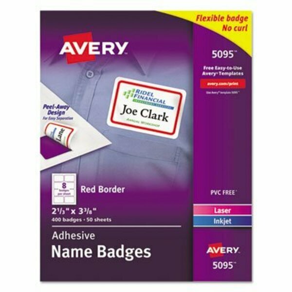 Avery Dennison Avery, FLEXIBLE ADHESIVE NAME BADGE LABELS, 3.38 X 2.33, WHITE/RED BORDER, 400PK 5095